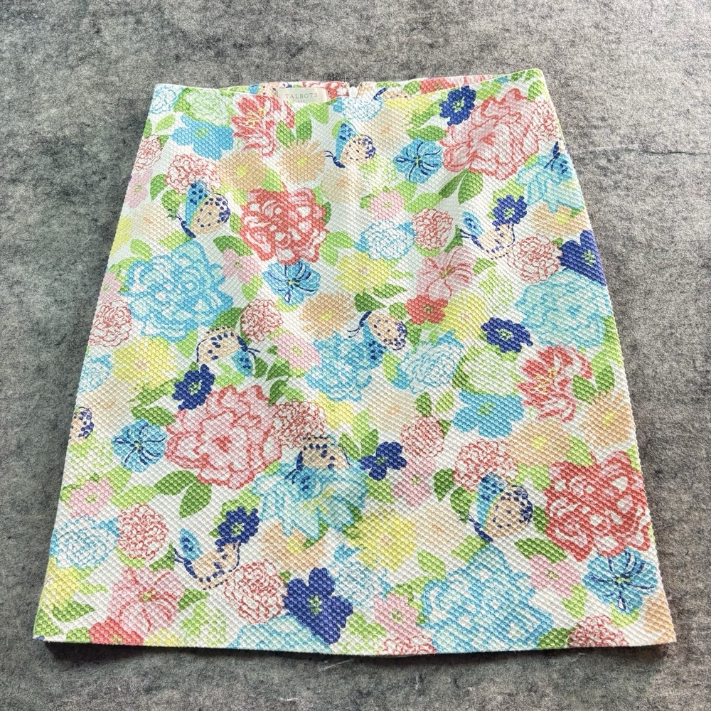 Talbots Pencil Skirt Women's 10 White Colorful Floral Beach Cruise Vacation
